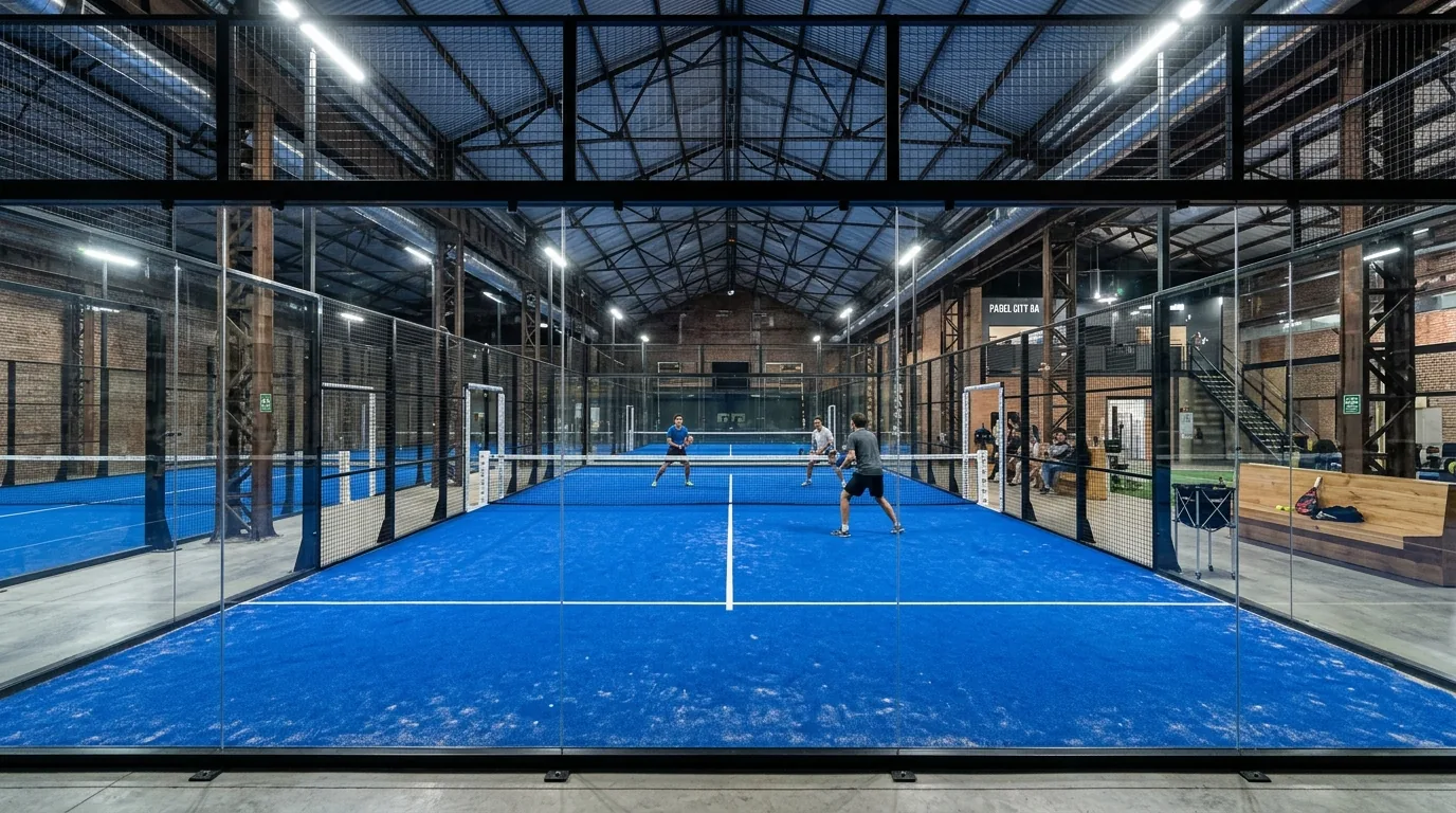 Cancha de pádel techada con blindex y césped sintético azul en Argentina
