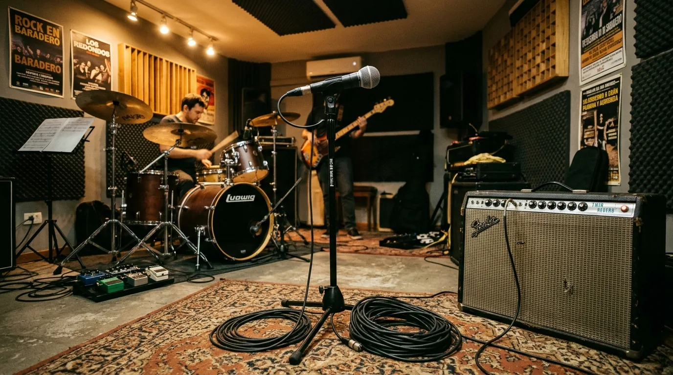 Sala de ensayo musical equipada con batería acústica y amplificadores en Buenos Aires